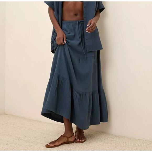 Pact Dresses & Skirts - PACT Organic Cotton Coastal Double Gauze Tiered Maxi Skirt Navy Blue Sz M {A4}